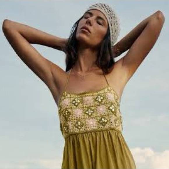 ZARA Mixed Beaded Crochet Lace Dress Halter Backless Khaki Midi-Maxi Dress - Picture 8 of 10